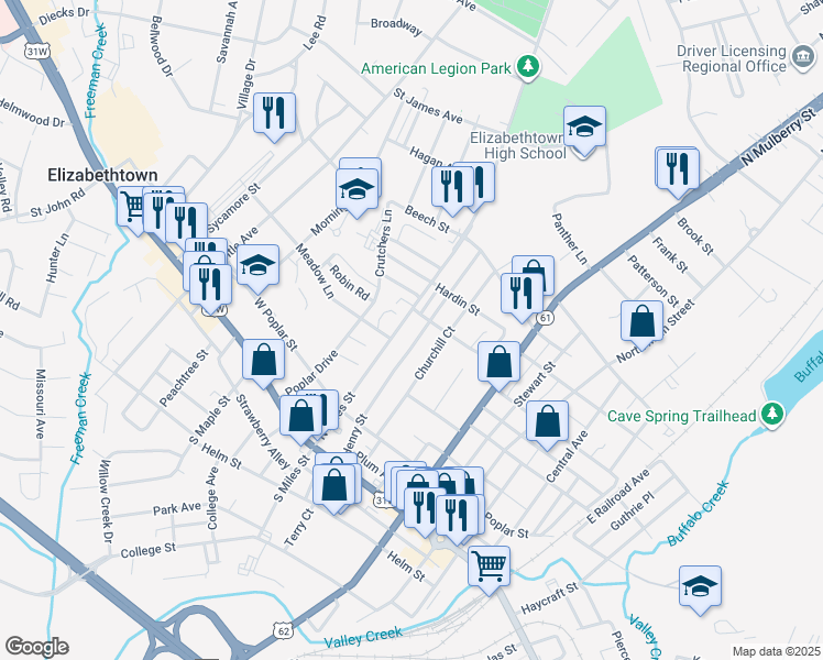 map of restaurants, bars, coffee shops, grocery stores, and more near 327 Henry Street in Elizabethtown