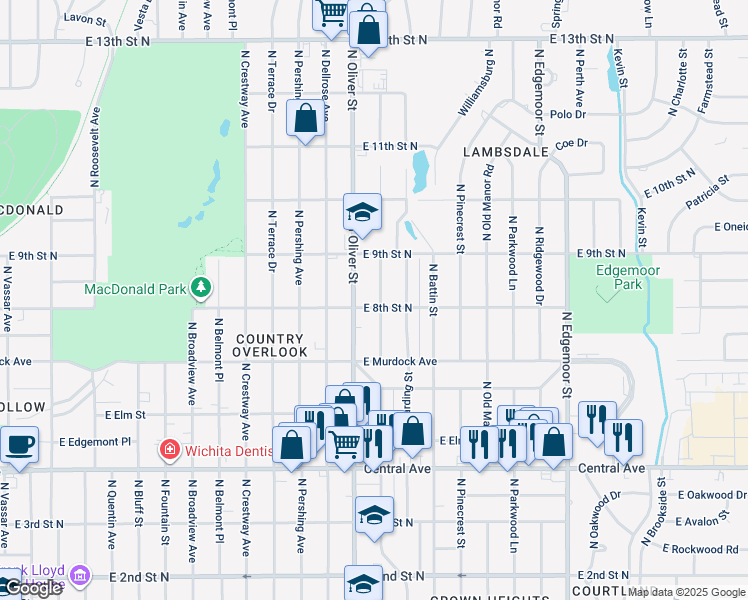 map of restaurants, bars, coffee shops, grocery stores, and more near 903 North Glendale Street in Wichita