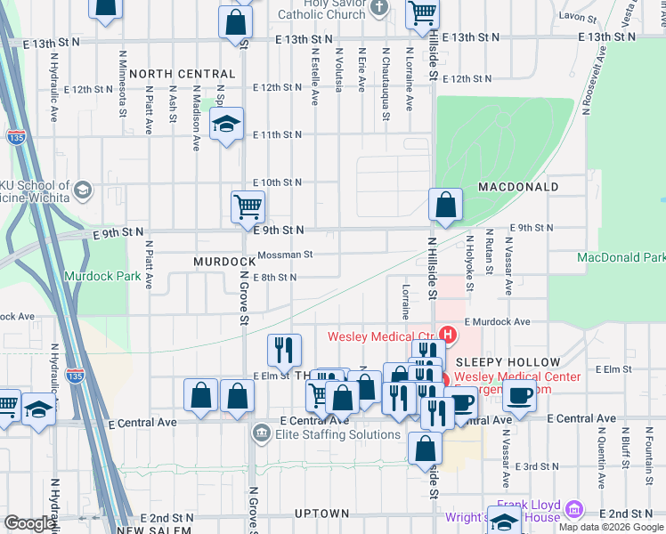 map of restaurants, bars, coffee shops, grocery stores, and more near 908 Volutsia in Wichita