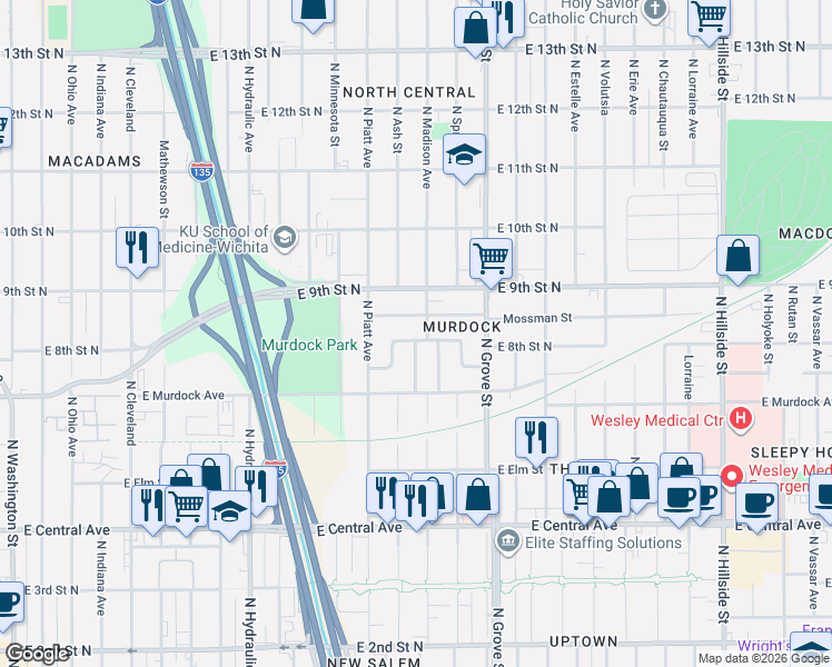 map of restaurants, bars, coffee shops, grocery stores, and more near 2114 East Random in Wichita