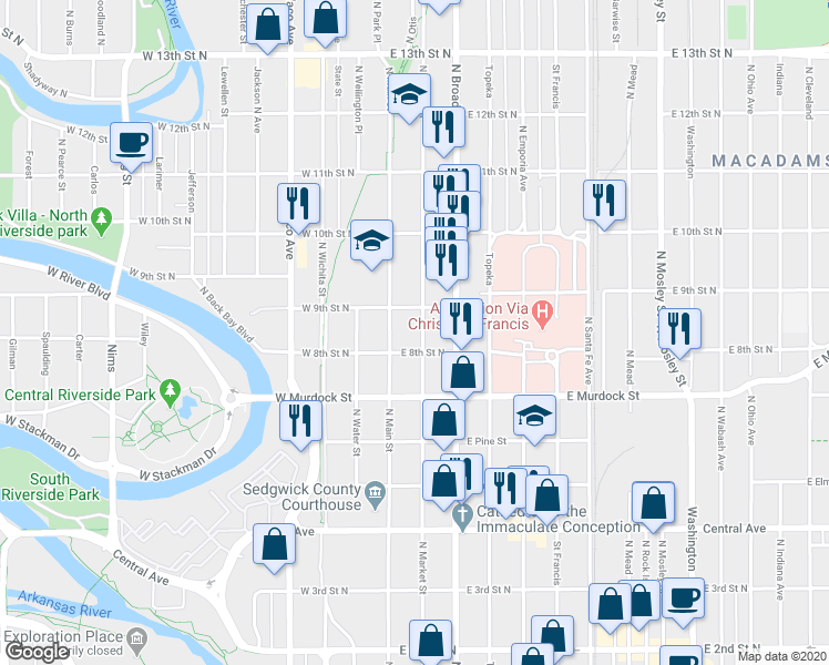 map of restaurants, bars, coffee shops, grocery stores, and more near 930 North Market Street in Wichita