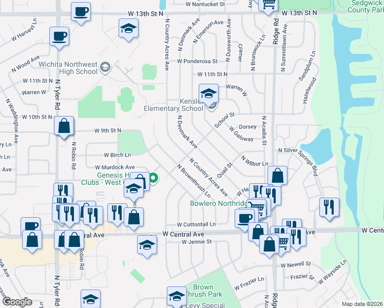 map of restaurants, bars, coffee shops, grocery stores, and more near 943 North Denmark in Wichita