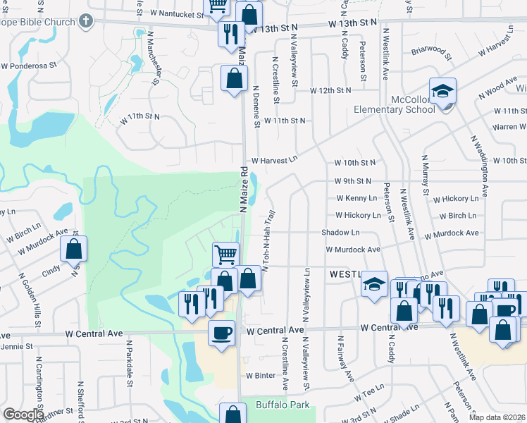 map of restaurants, bars, coffee shops, grocery stores, and more near 935 N Toh-N-Hah Trail in Wichita