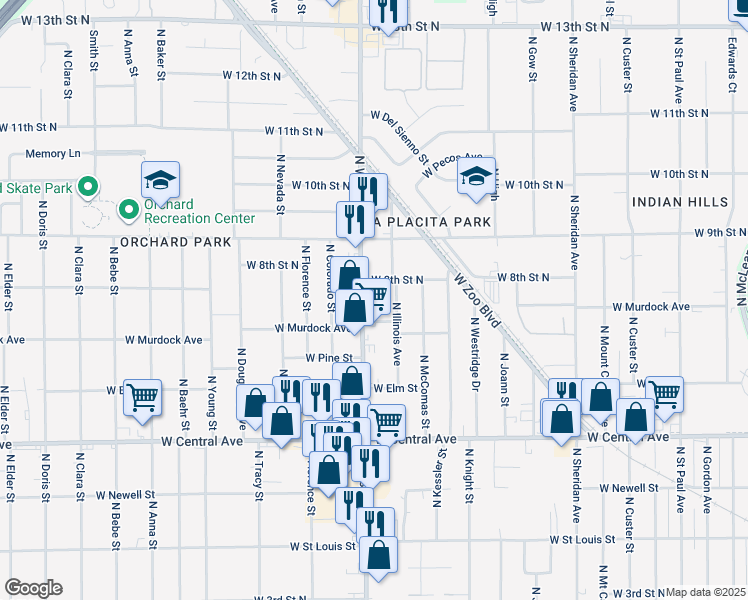 map of restaurants, bars, coffee shops, grocery stores, and more near 808 North West Street in Wichita