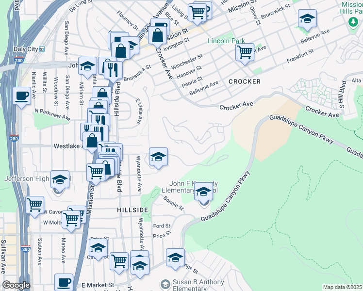 map of restaurants, bars, coffee shops, grocery stores, and more near 483 Green Ridge Drive in Daly City