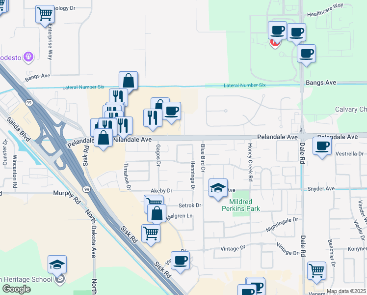 map of restaurants, bars, coffee shops, grocery stores, and more near 3420 Janeen Way in Modesto