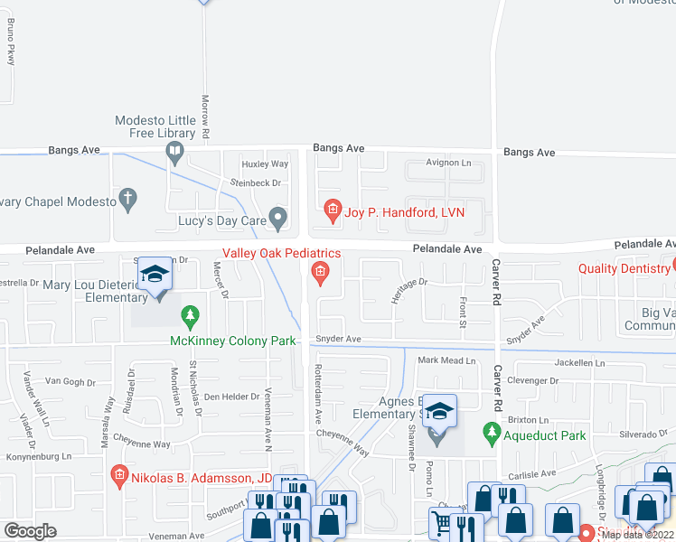 map of restaurants, bars, coffee shops, grocery stores, and more near 4205 Ballard Circle in Modesto