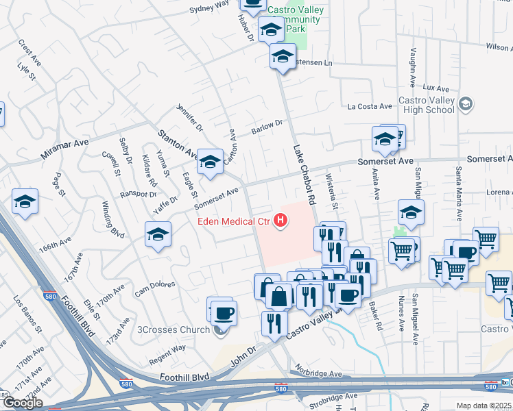 map of restaurants, bars, coffee shops, grocery stores, and more near 19790 Stanton Avenue in Castro Valley