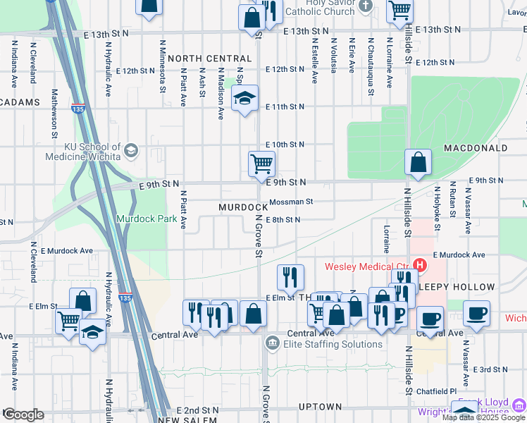 map of restaurants, bars, coffee shops, grocery stores, and more near 912 North Grove Street in Wichita