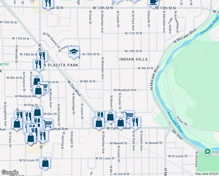 map of restaurants, bars, coffee shops, grocery stores, and more near 811 North Mount Carmel Street in Wichita