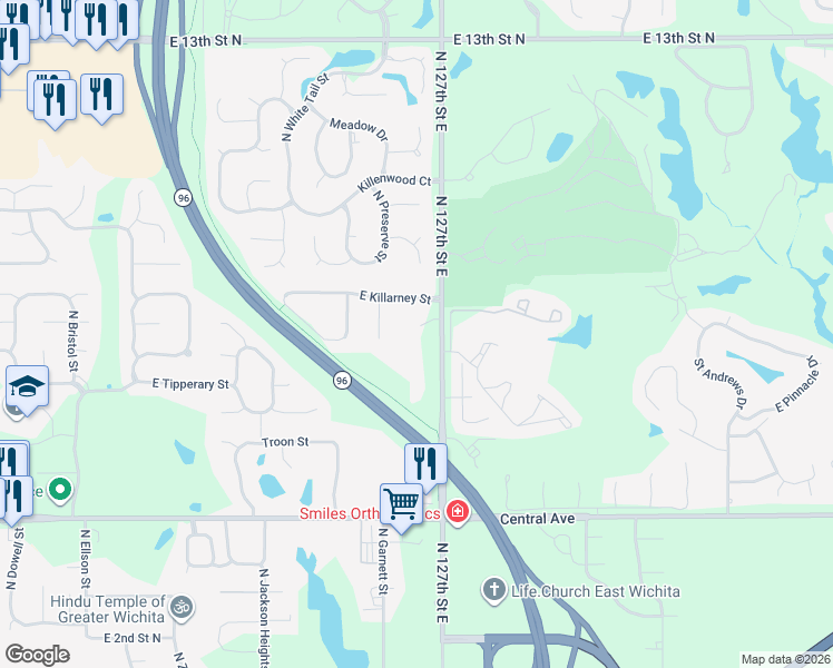 map of restaurants, bars, coffee shops, grocery stores, and more near 827 N 127th St E in Wichita