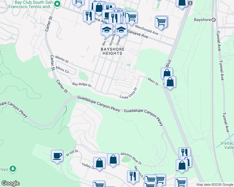 map of restaurants, bars, coffee shops, grocery stores, and more near 182 Linda Vista Drive in Daly City