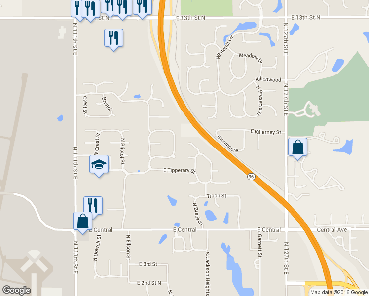 map of restaurants, bars, coffee shops, grocery stores, and more near 837 Bracken Circle in Wichita