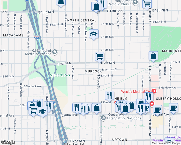 map of restaurants, bars, coffee shops, grocery stores, and more near 2220 East Random in Wichita