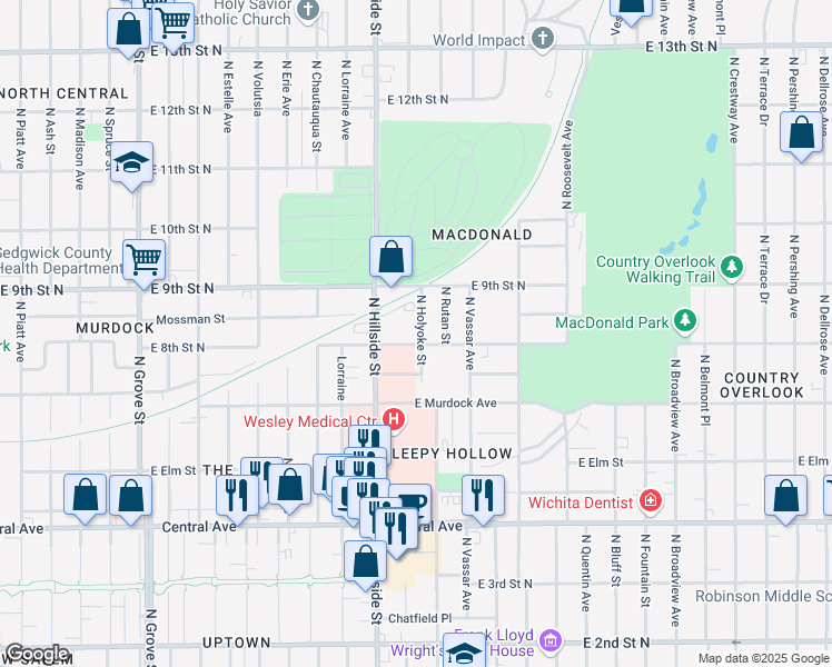 map of restaurants, bars, coffee shops, grocery stores, and more near 3244 Country Club Place in Wichita