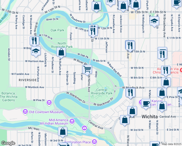 map of restaurants, bars, coffee shops, grocery stores, and more near 818 Franklin Street in Wichita