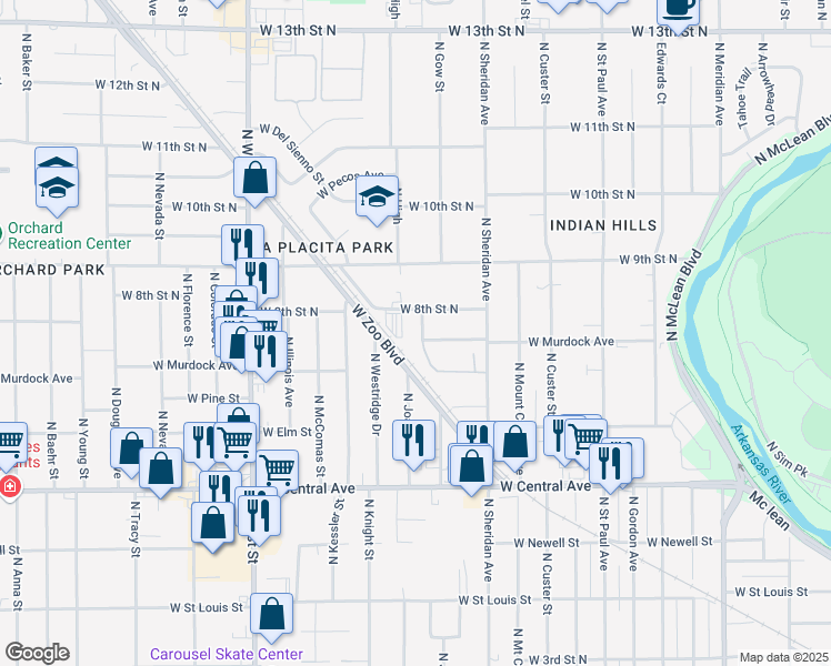 map of restaurants, bars, coffee shops, grocery stores, and more near 837 North Gow Street in Wichita
