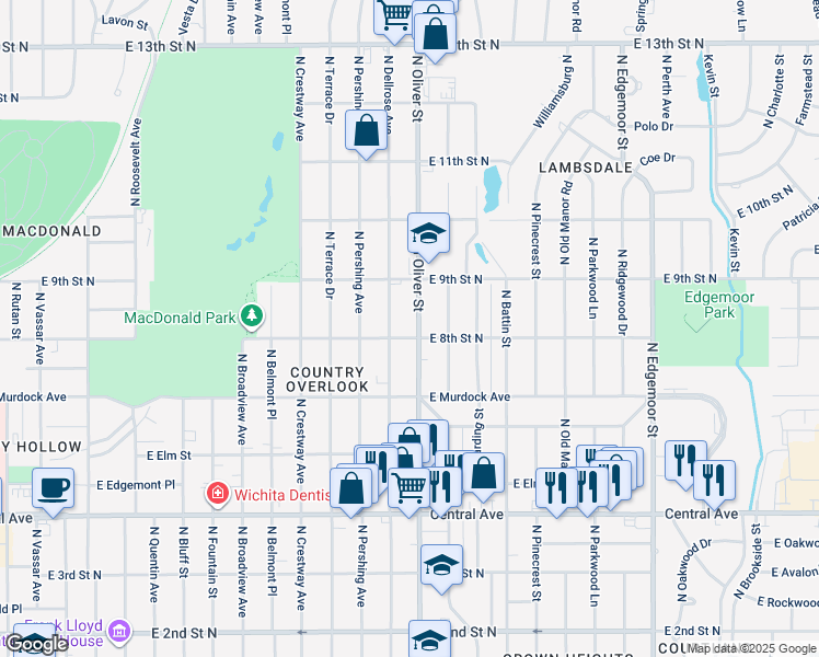 map of restaurants, bars, coffee shops, grocery stores, and more near 905 North Oliver Street in Wichita