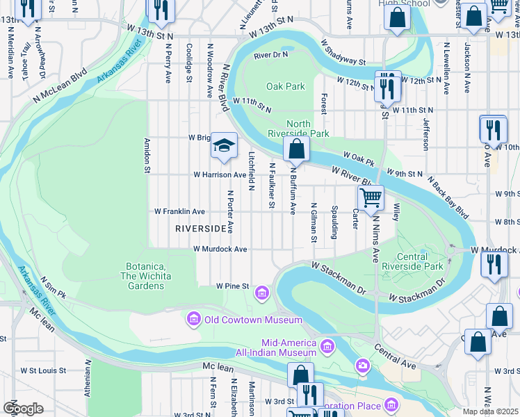 map of restaurants, bars, coffee shops, grocery stores, and more near 1430 Franklin Street in Wichita