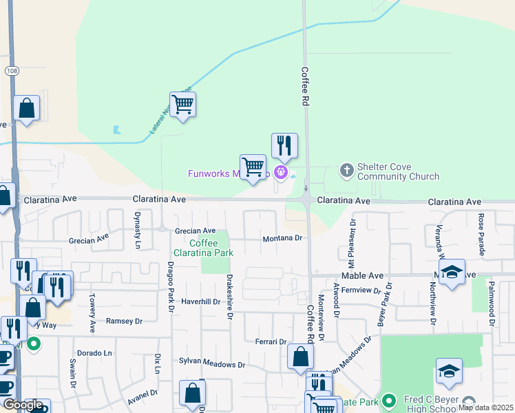 map of restaurants, bars, coffee shops, grocery stores, and more near 1017 LORETELLI Drive in Modesto