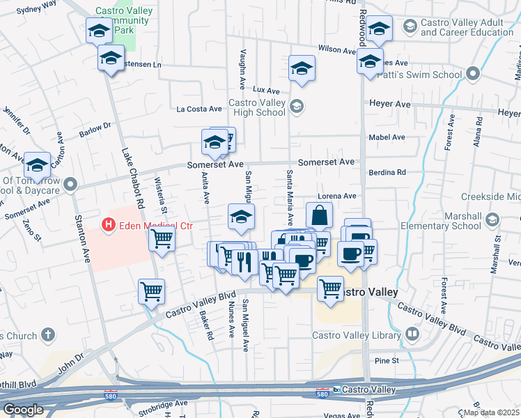 map of restaurants, bars, coffee shops, grocery stores, and more near 20023 Leroy Drive in Castro Valley