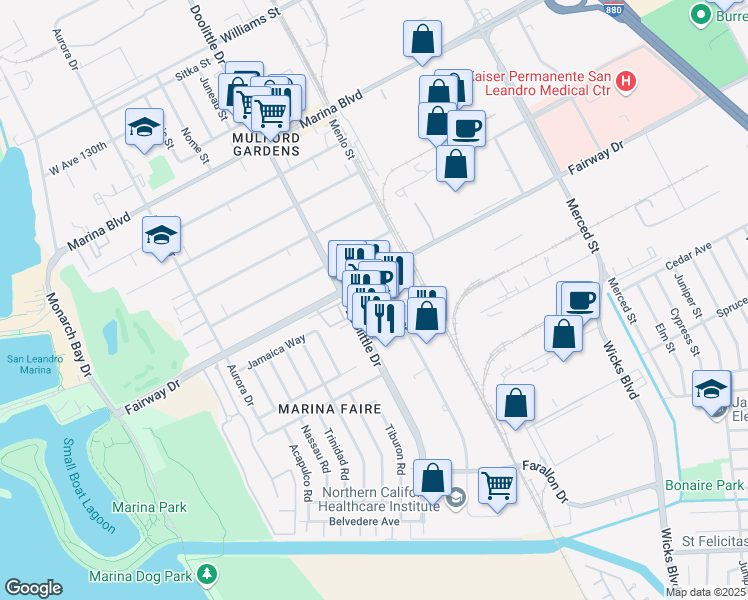 map of restaurants, bars, coffee shops, grocery stores, and more near 13855 Catalina Street in San Leandro