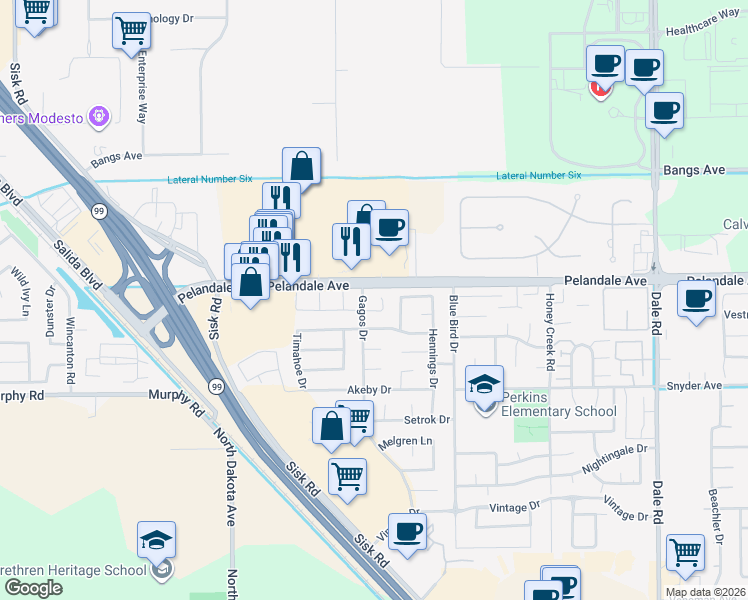 map of restaurants, bars, coffee shops, grocery stores, and more near 3511 Woodglen Drive in Modesto