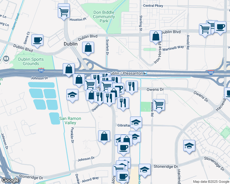 map of restaurants, bars, coffee shops, grocery stores, and more near 5901 Owens Drive in Pleasanton