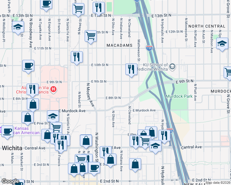 map of restaurants, bars, coffee shops, grocery stores, and more near 920 North Ohio Avenue in Wichita