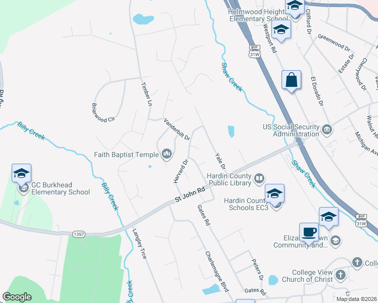 map of restaurants, bars, coffee shops, grocery stores, and more near 622 Harvard Drive in Elizabethtown