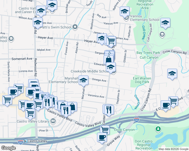 map of restaurants, bars, coffee shops, grocery stores, and more near 4311 Circle Avenue in Castro Valley