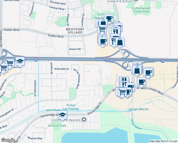 map of restaurants, bars, coffee shops, grocery stores, and more near Streamside Circle in Pleasanton