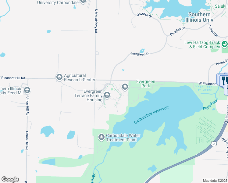 map of restaurants, bars, coffee shops, grocery stores, and more near 1932 East Evergreen Terrace Drive in Carbondale