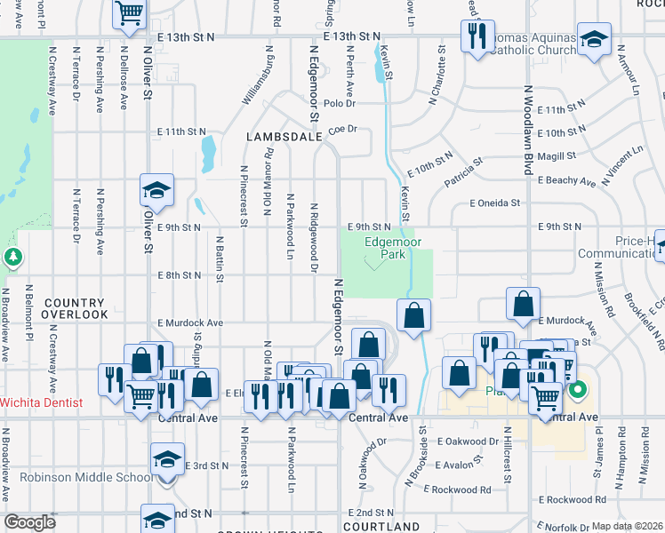 map of restaurants, bars, coffee shops, grocery stores, and more near 909 North Edgemoor Street in Wichita