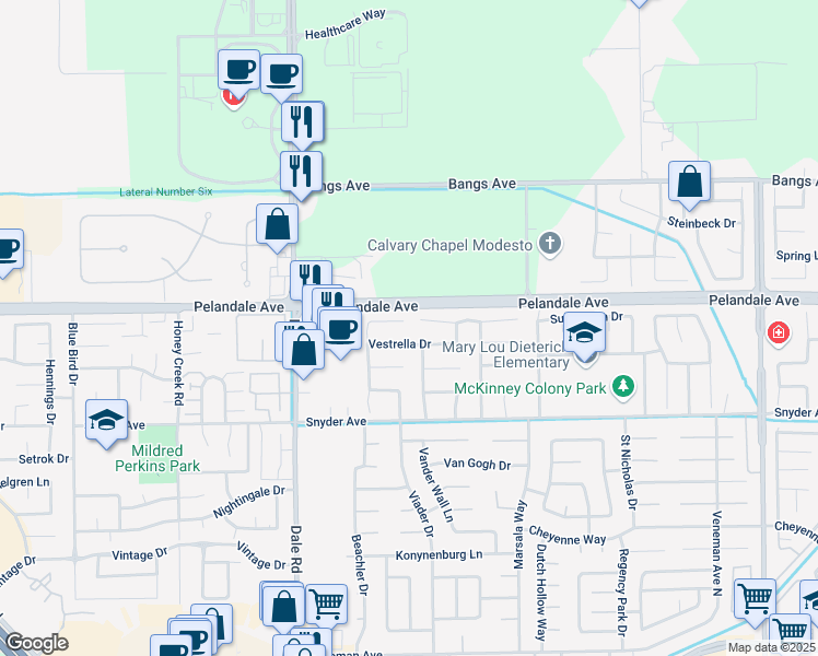 map of restaurants, bars, coffee shops, grocery stores, and more near 2800 Wind River Court in Modesto
