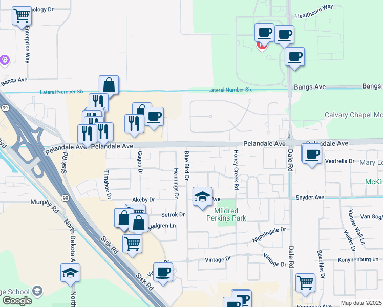 map of restaurants, bars, coffee shops, grocery stores, and more near 3326 Windmill Drive in Modesto