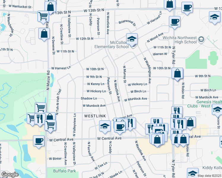 map of restaurants, bars, coffee shops, grocery stores, and more near 958 Peterson Street in Wichita