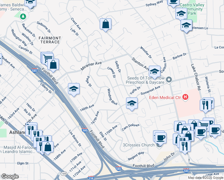 map of restaurants, bars, coffee shops, grocery stores, and more near 16661 Rolando Avenue in San Leandro