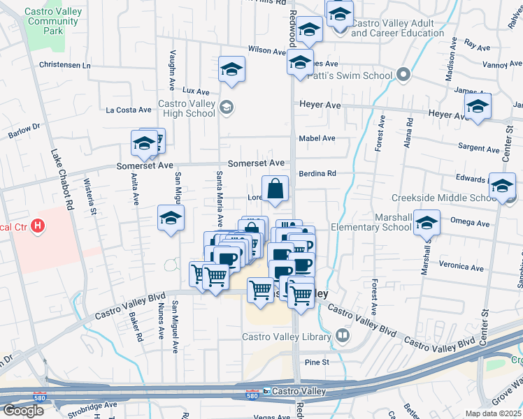 map of restaurants, bars, coffee shops, grocery stores, and more near 20071 Lorena Place in Castro Valley