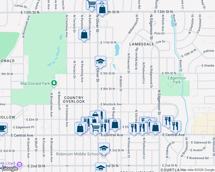 map of restaurants, bars, coffee shops, grocery stores, and more near 903 North Glendale Street in Wichita