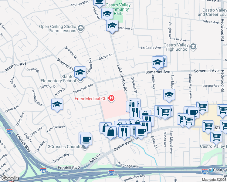 map of restaurants, bars, coffee shops, grocery stores, and more near 19791 Louise Court in Castro Valley