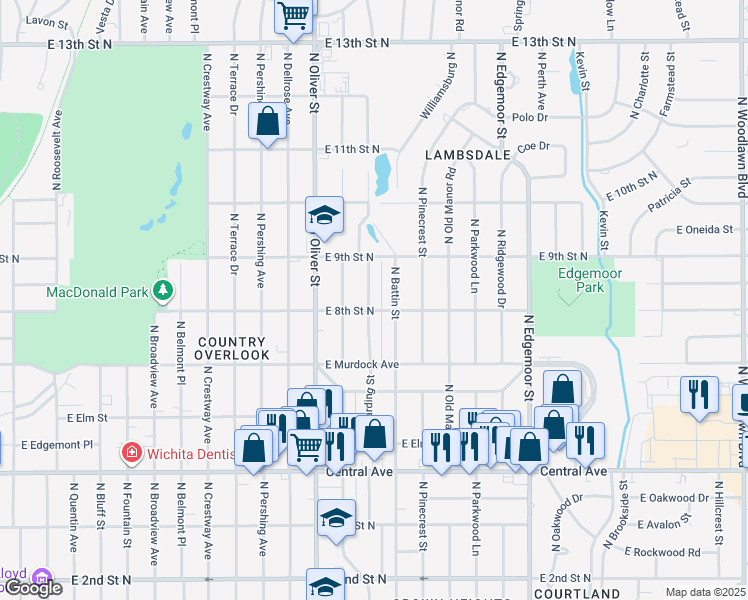 map of restaurants, bars, coffee shops, grocery stores, and more near 910 Harding Street in Wichita