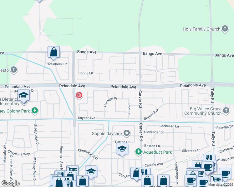 map of restaurants, bars, coffee shops, grocery stores, and more near 4204 Keepsake Court in Modesto