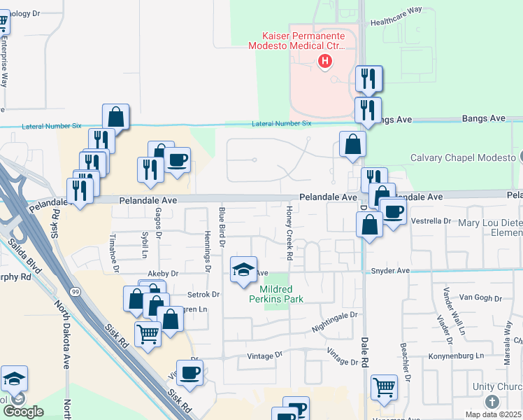 map of restaurants, bars, coffee shops, grocery stores, and more near 3264 Pelandale Avenue in Modesto