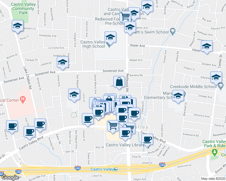 map of restaurants, bars, coffee shops, grocery stores, and more near 20071 Lorena Place in Castro Valley