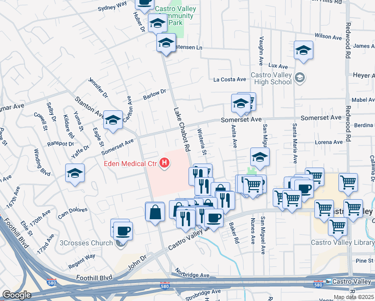 map of restaurants, bars, coffee shops, grocery stores, and more near 19845 Lake Chabot Road in Castro Valley