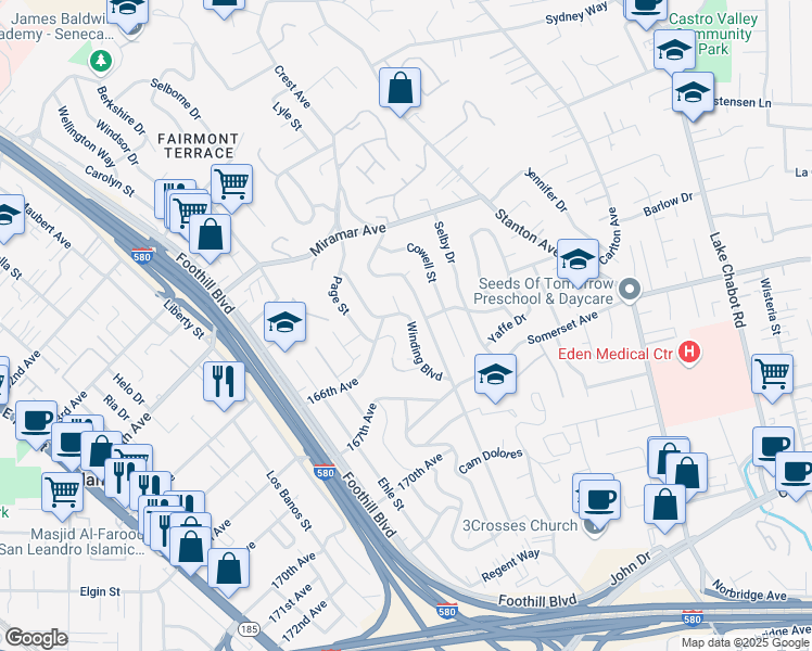 map of restaurants, bars, coffee shops, grocery stores, and more near 1942 Lomita Drive in San Leandro