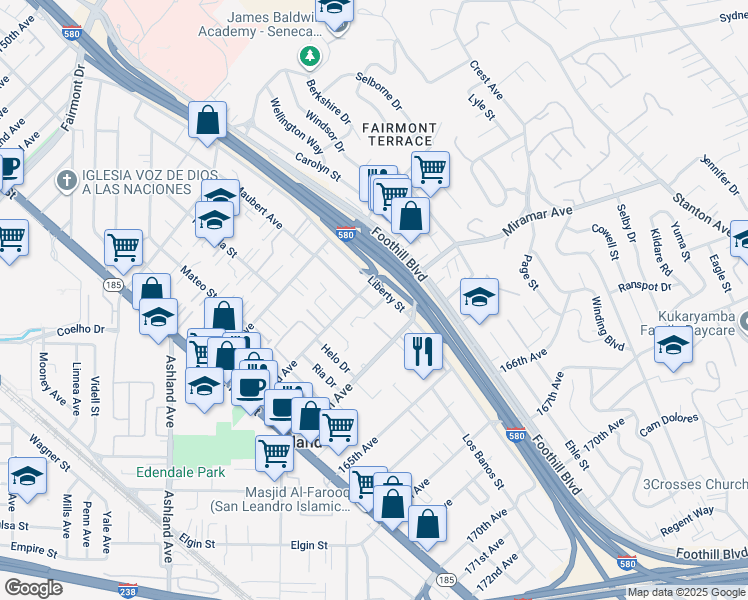 map of restaurants, bars, coffee shops, grocery stores, and more near 16318 Maubert Avenue in San Leandro