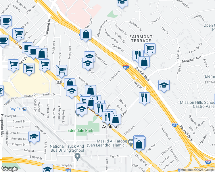 map of restaurants, bars, coffee shops, grocery stores, and more near 1600 162nd Avenue in San Leandro