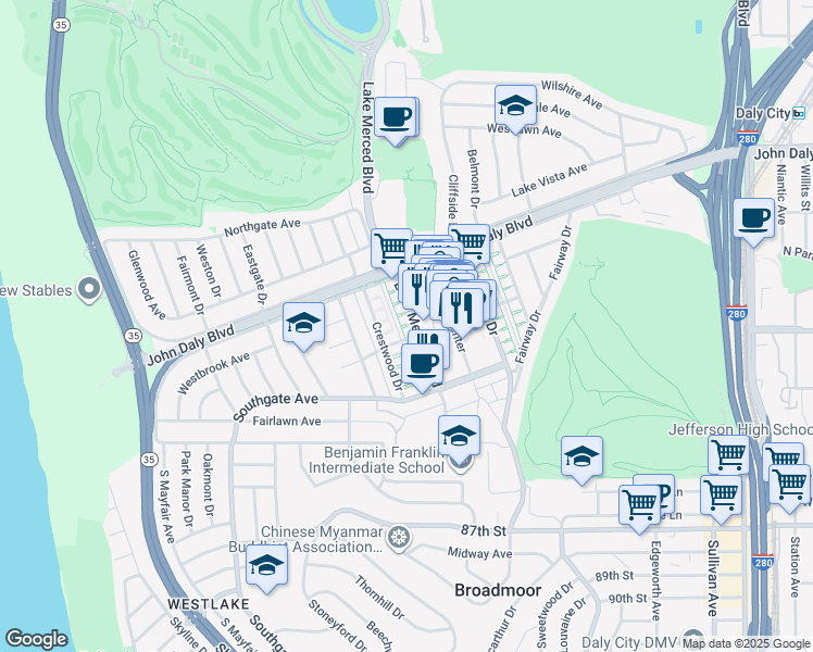map of restaurants, bars, coffee shops, grocery stores, and more near 100 Belmar Avenue in Daly City